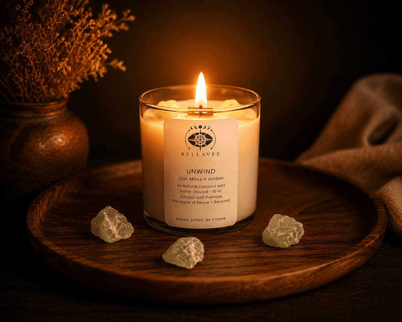 BellaVee Unwind crystal candle lit oak moss amber prehnite stone of peace renewal non-toxic coconut wax Austin Texas
