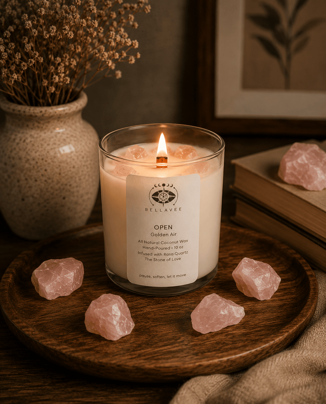 BellaVee Open crystal candle lit rose quartz stone of love white tea palo santo non-toxic coconut wax Austin Texas