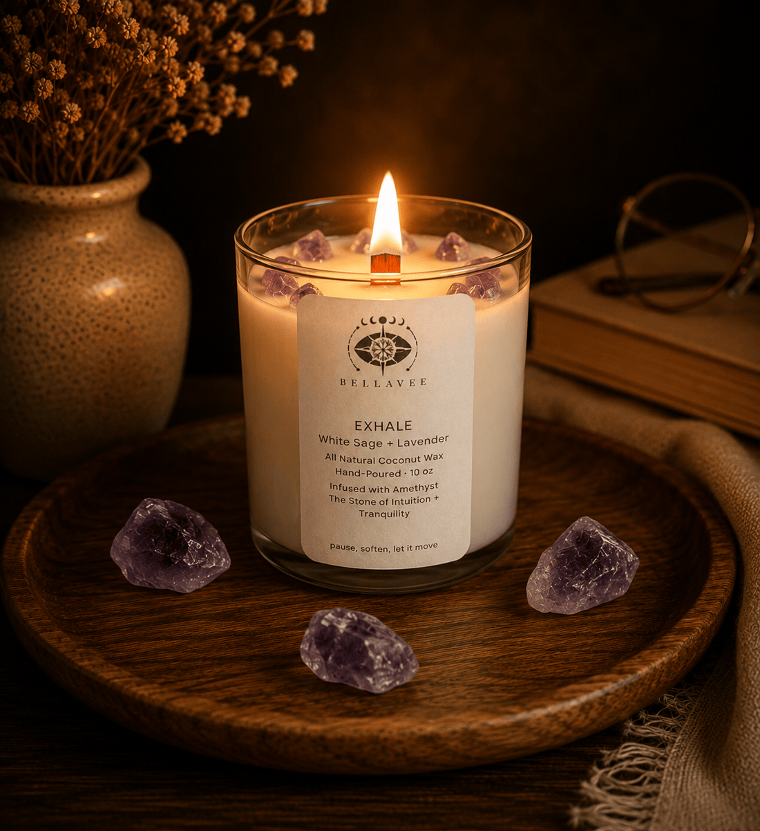 BellaVee Exhale crystal candle lit amethyst stone of calm lavender non-toxic coconut wax Austin Texas