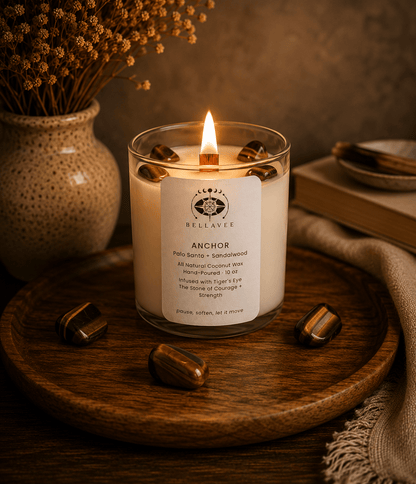 BellaVee Anchor crystal candle lit tigers eye stone of courage palo santo sandalwood non-toxic coconut wax Austin Texas