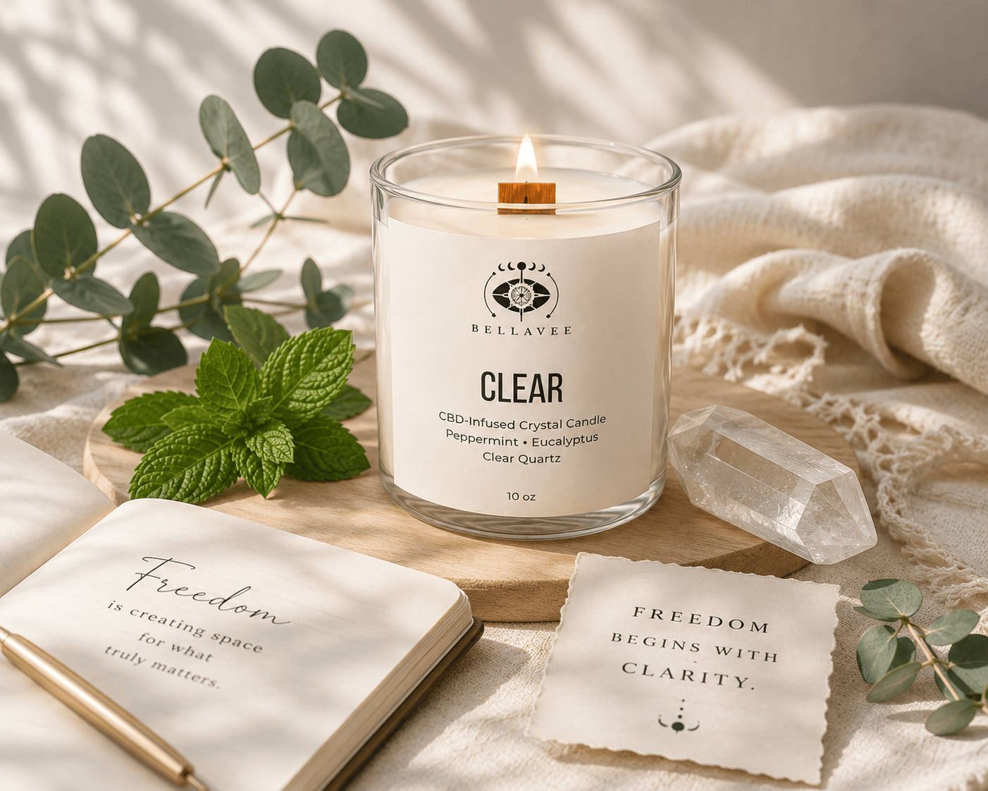 BellaVee Clear CBD crystal candle lit peppermint eucalyptus clear quartz 150mg relaxation ritual Austin Texas