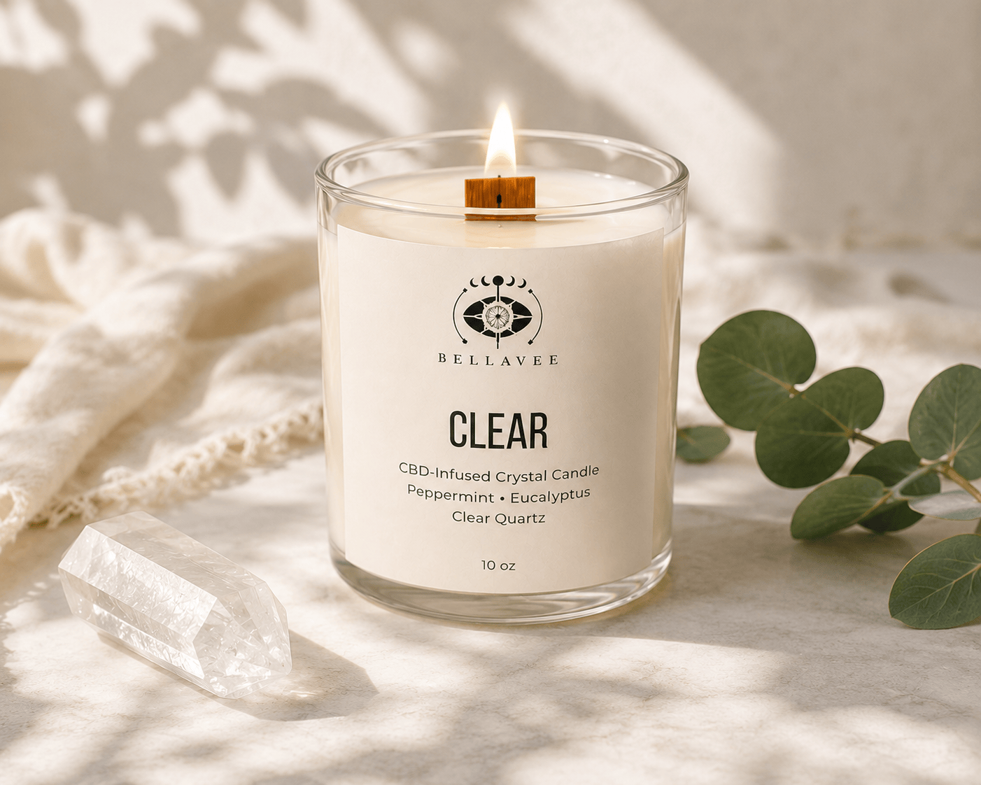 BellaVee Clear CBD crystal candle peppermint eucalyptus clear quartz 150mg non-toxic coconut wax hand-poured Austin Texas
