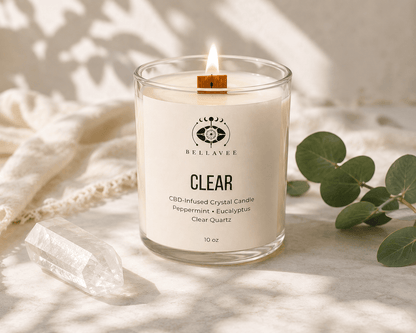 BellaVee Clear CBD crystal candle peppermint eucalyptus clear quartz 150mg non-toxic coconut wax hand-poured Austin Texas