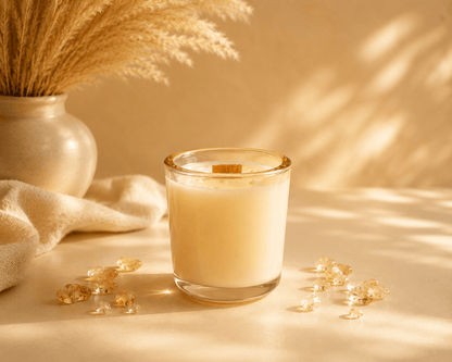 Radiant Summer Solstice candle with citrine crystals in a champagne vessel featuring bamboo, ocean air, palo santo, and sandalwood fragrance notes.
