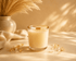 Radiant Summer Solstice candle with citrine crystals in a champagne vessel featuring bamboo, ocean air, palo santo, and sandalwood fragrance notes.
