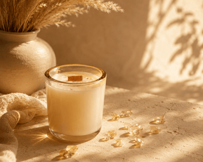 Radiant citrine crystal candle in a champagne vessel designed for summer rituals, intention setting, and self-care.