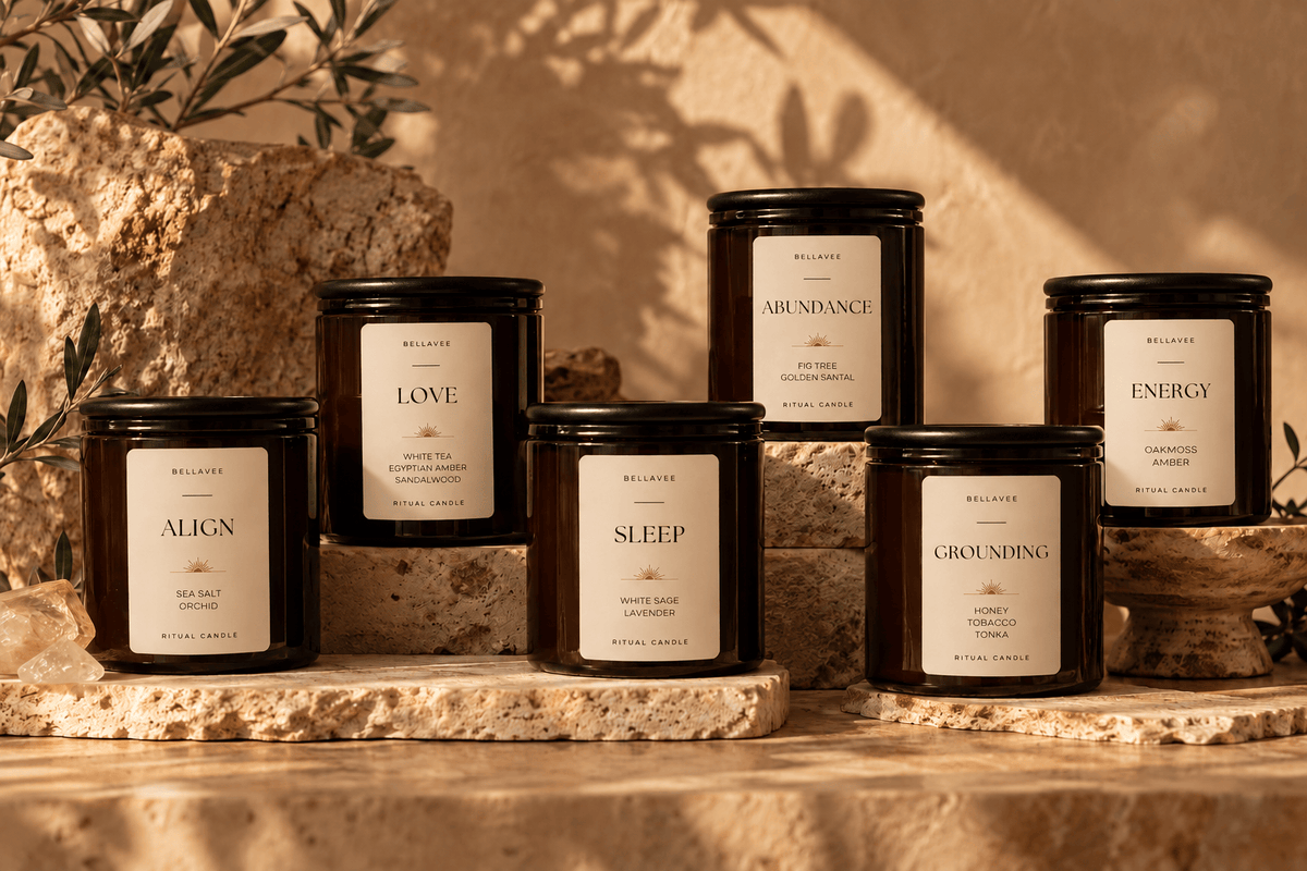 BellaVee Core Ritual Candle Collection featuring Align, Love, Sleep, Abundance, Grounding and Energy crystal candles in amber glass