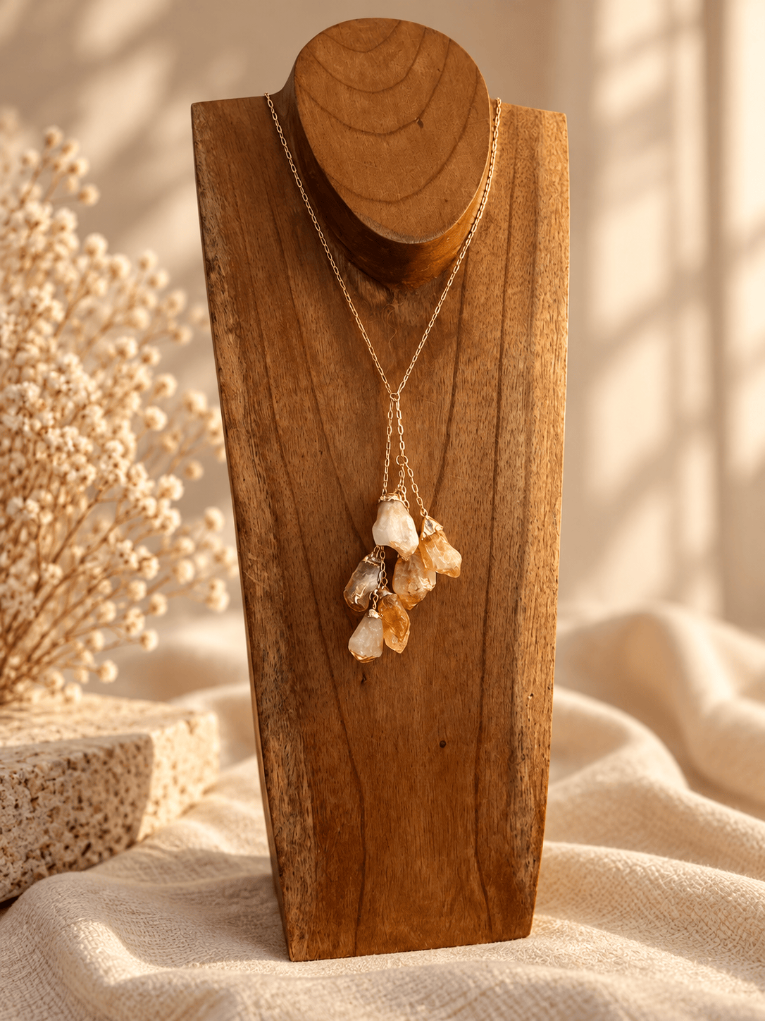 Six-stone Citrine cluster drop necklace on long gold chain