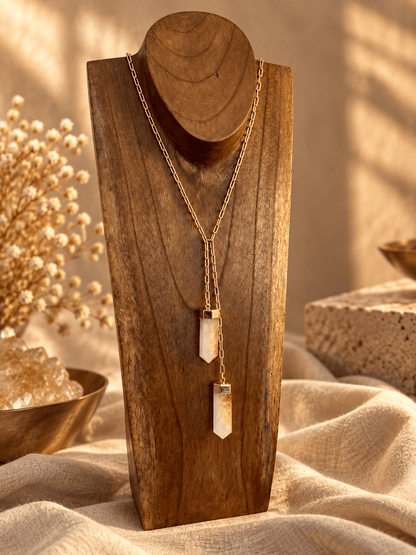 Two-stone Citrine lariat necklace with crystal point drops on gold chain