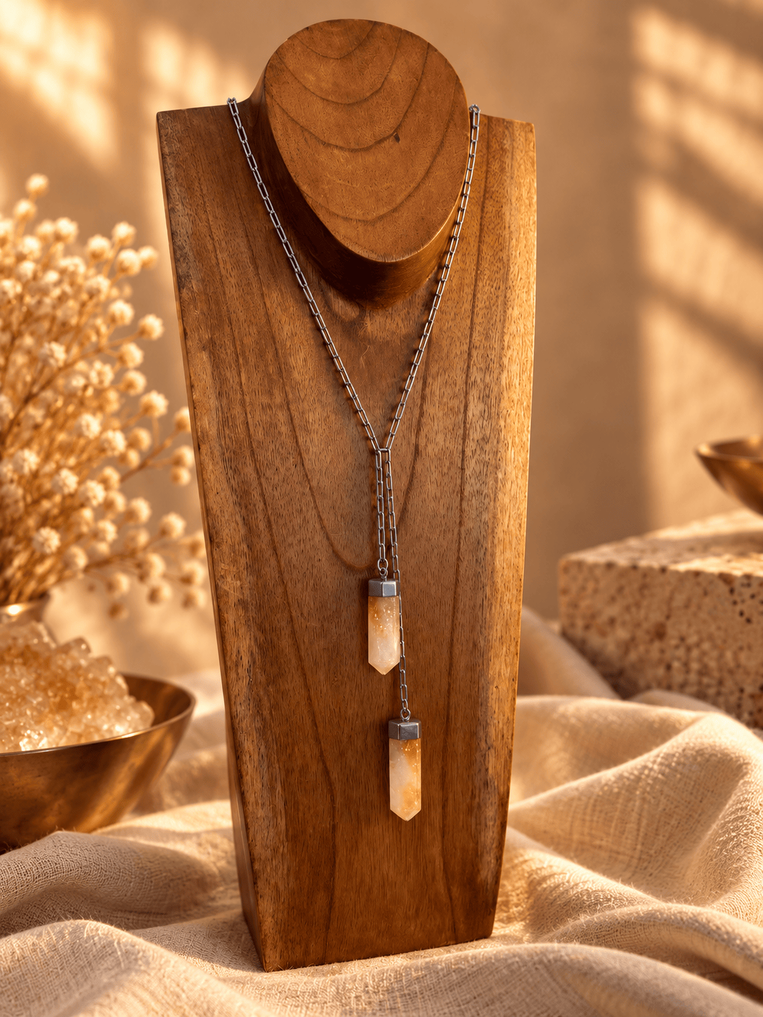Two-stone Citrine lariat necklace with crystal point drops on Titanium chain