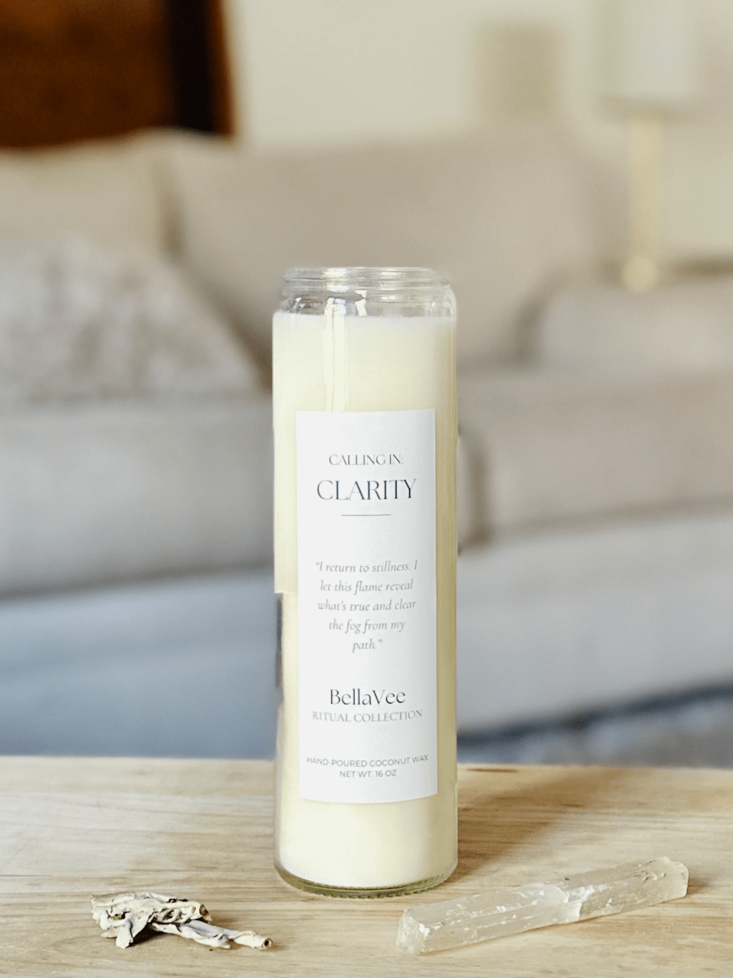 Clarity Ritual Candle by BellaVee — 16 oz unscented coconut wax candle in a clear glass vessel with minimalist label
