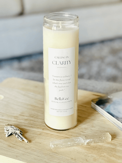 Clarity Ritual Candle by BellaVee — 16 oz unscented coconut wax candle in a clear glass vessel with minimalist label