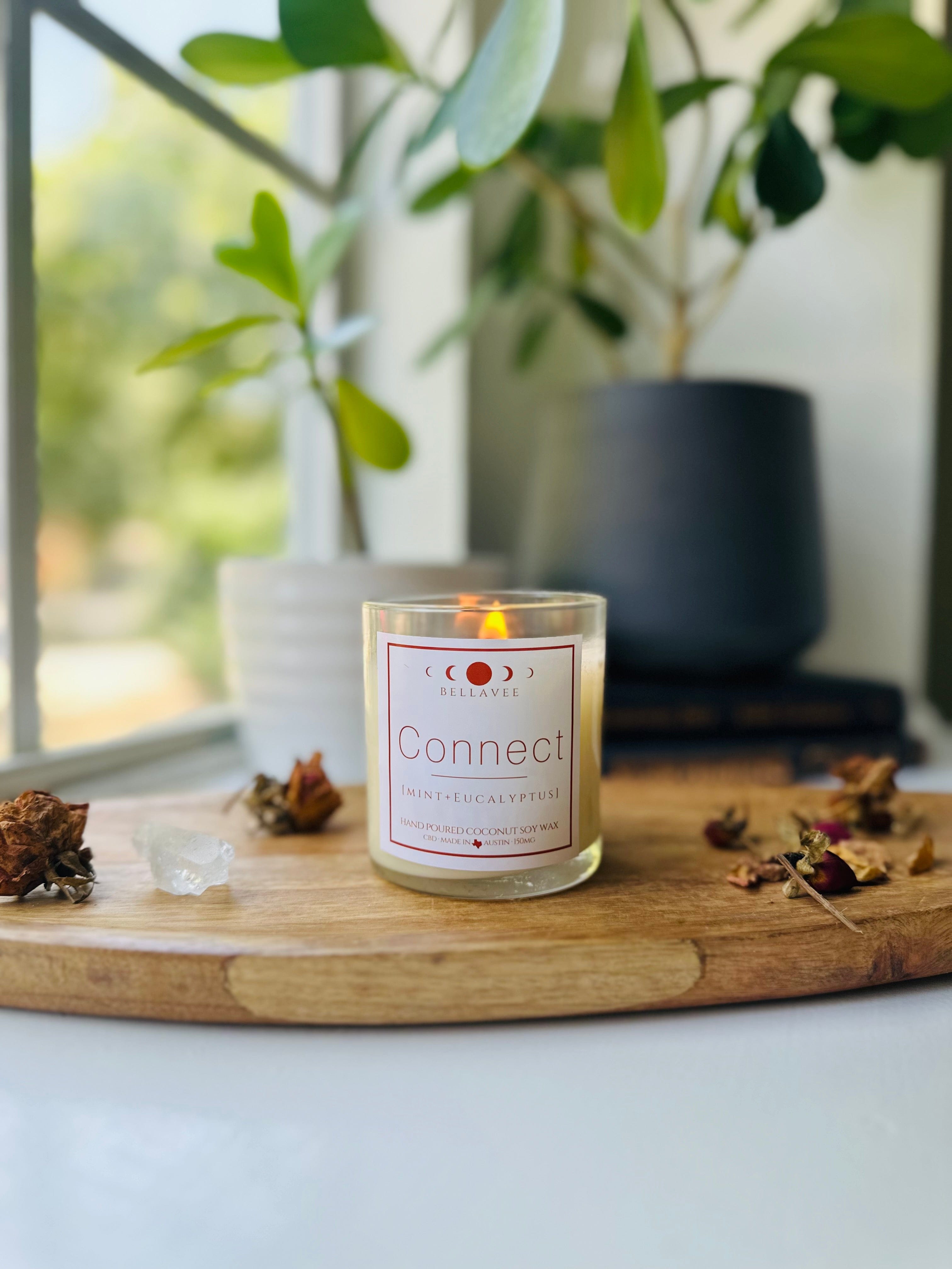 Connect Crystal Candle with Clear Quartz, infused with CBD, peppermint, and eucalyptus for stress relief and relaxation