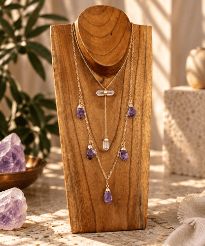 Two-stone crystal Y-drop necklace layered with BellaVee crystal jewelry