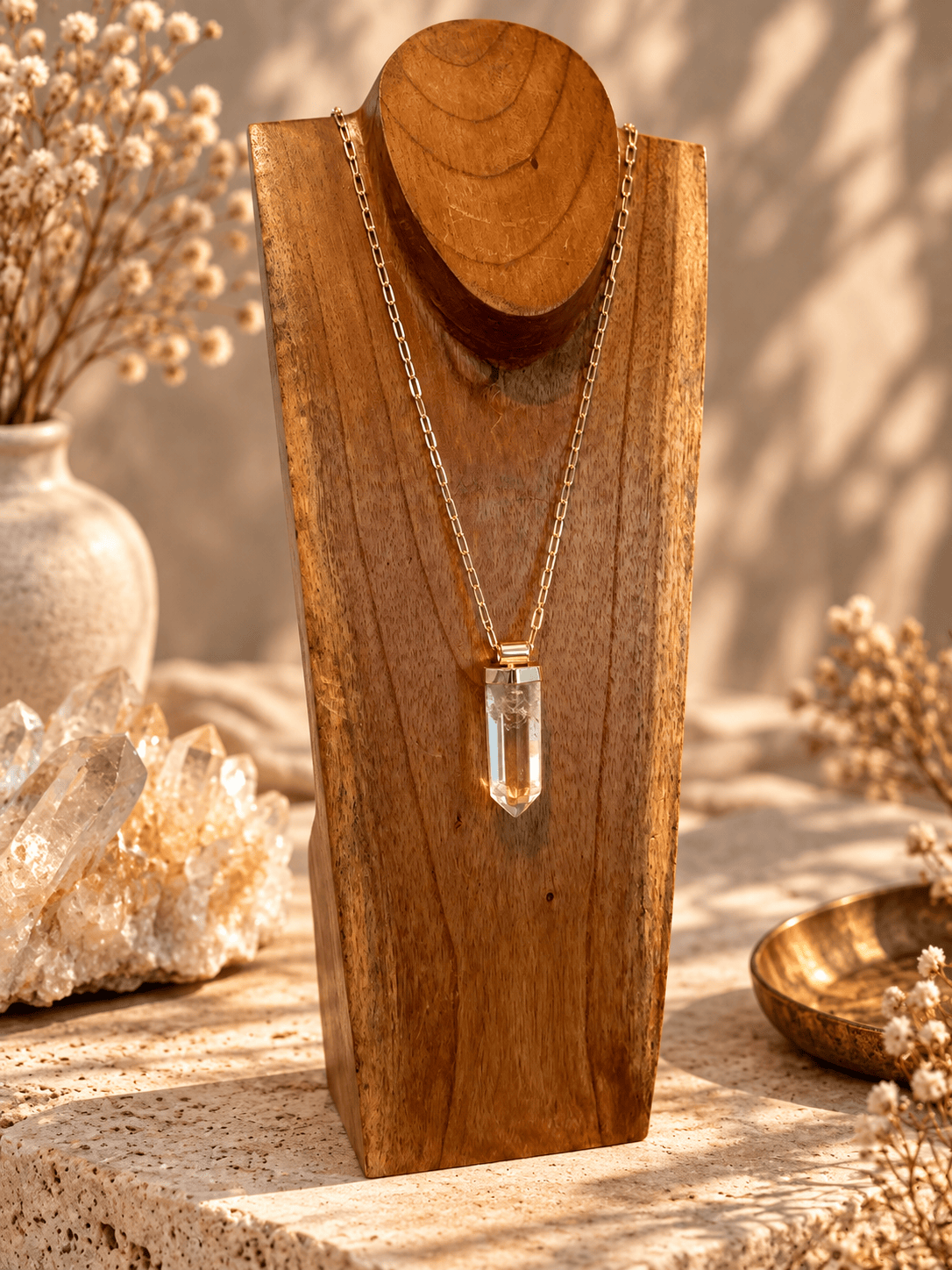 Large Clear Quartz crystal pendant necklace on adjustable gold open-link chain displayed on wooden jewelry 