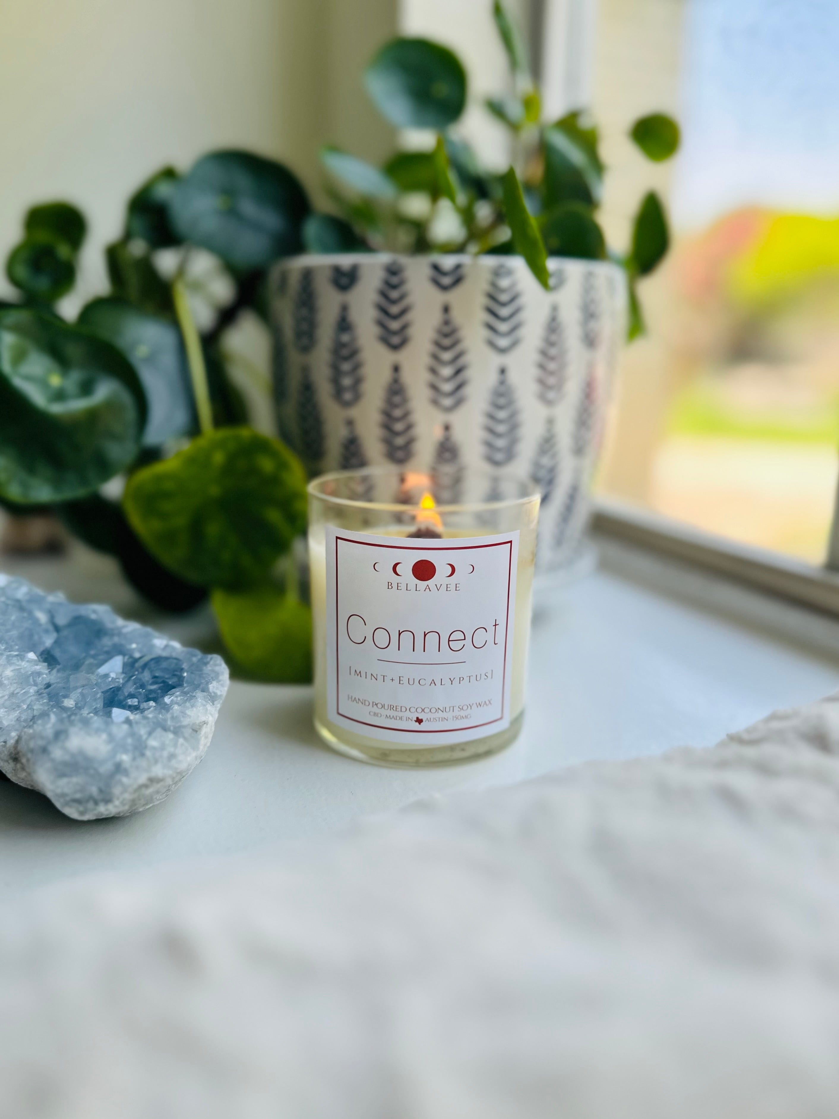 CBD-infused Connect Candle, designed to soothe anxiety, alleviate pain, and create a harmonious, calming atmosphere