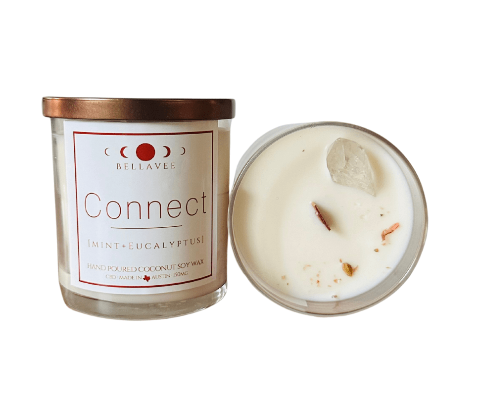 Connect all-natural CBD candle, infused with peppermint and eucalyptus, offering relief from stress, headaches, and congestion