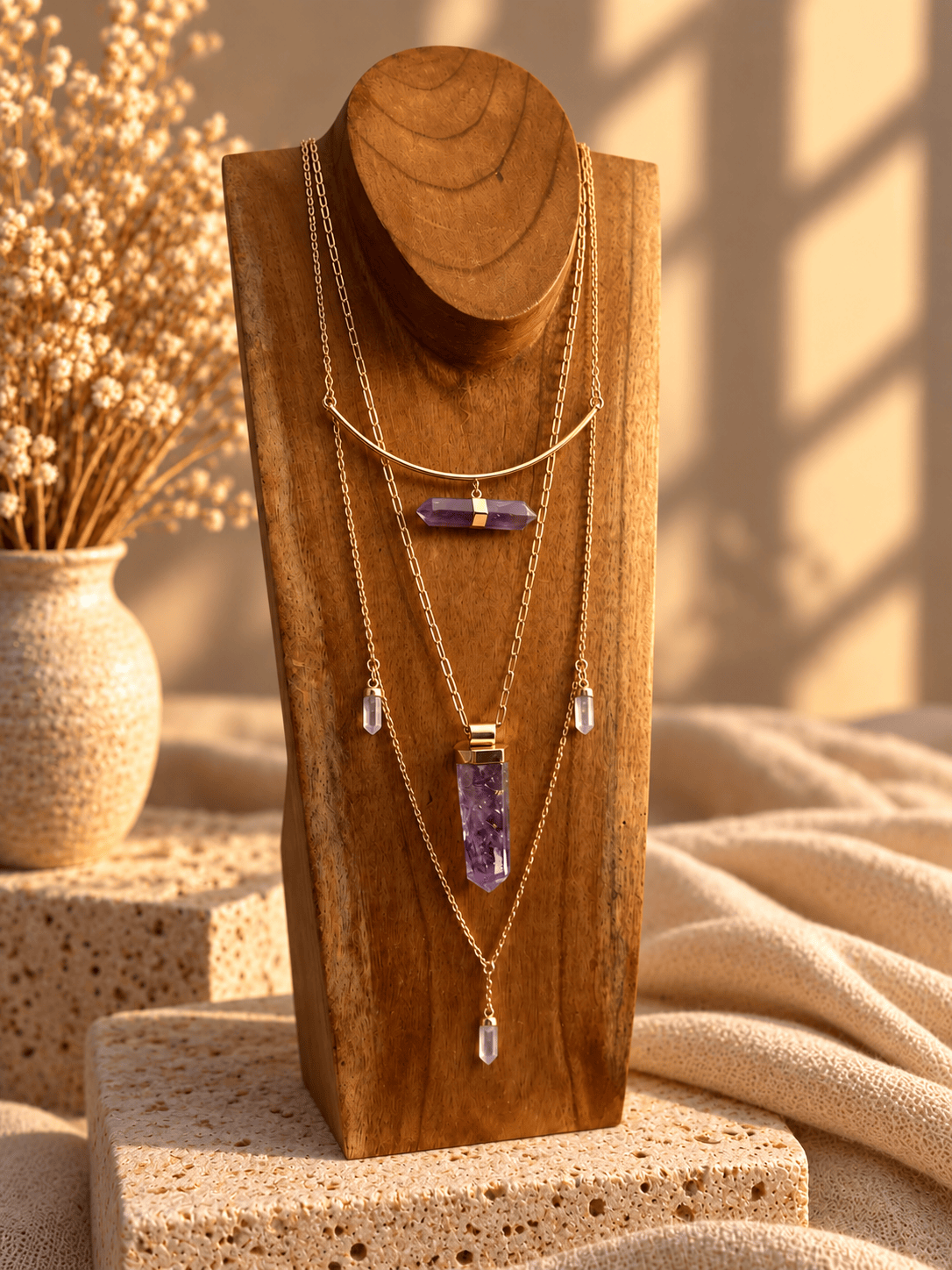 Curved bar crystal necklace layered with gold crystal necklaces on wooden jewelry display