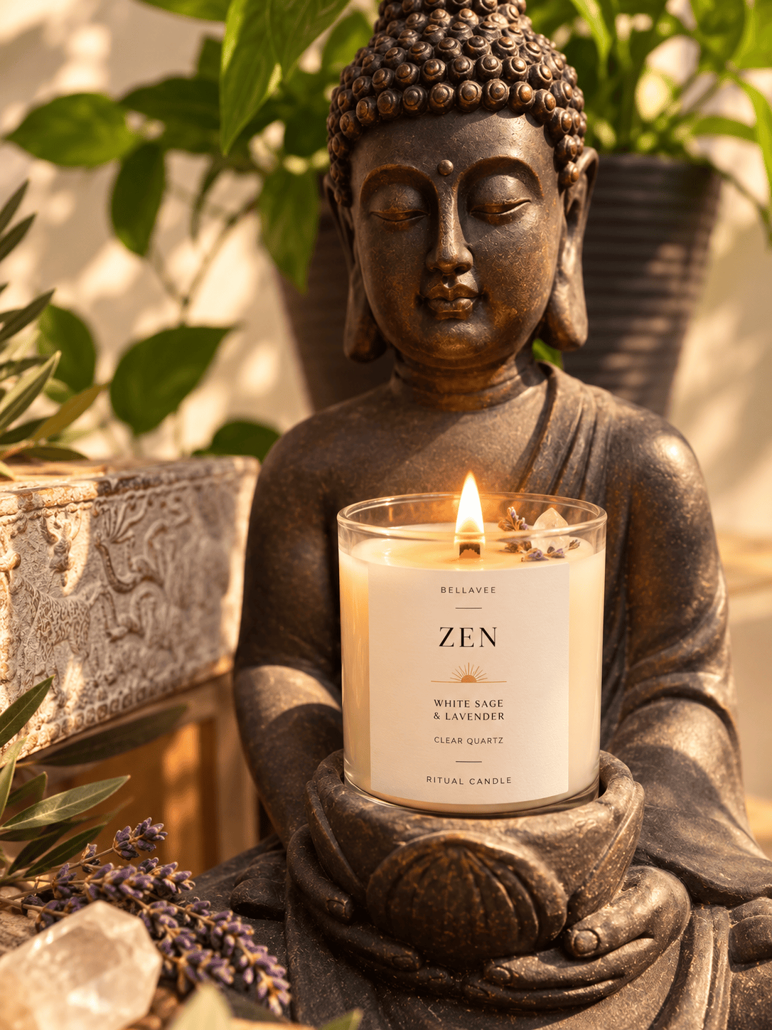 BellaVee ZEN White Sage and Lavender ritual candle with Clear Quartz displayed with a serene Buddha statue and greenery.