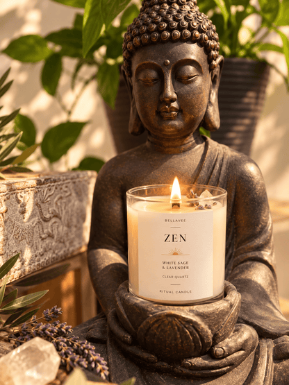 BellaVee ZEN White Sage and Lavender ritual candle with Clear Quartz displayed with a serene Buddha statue and greenery.