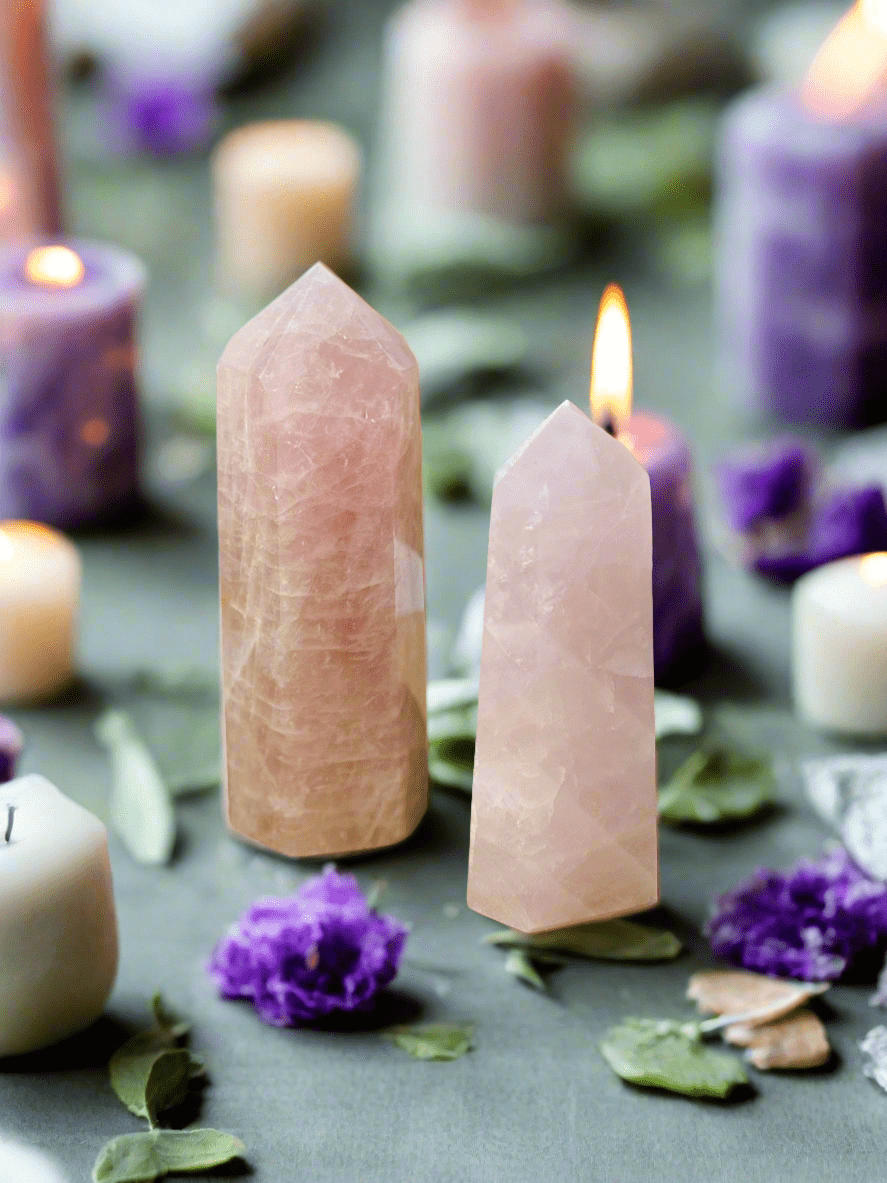 The Rose Quartz Crystal Tower stands out brilliantly, with its gentle pink hues radiating against any background, amplifying its beauty