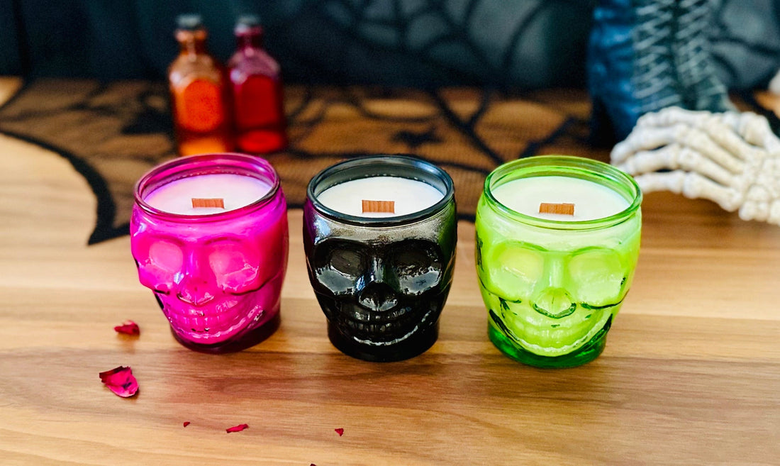 BellaVee Halloween ritual skull candle collection Witches Kiss pink rose quartz Austin Texas