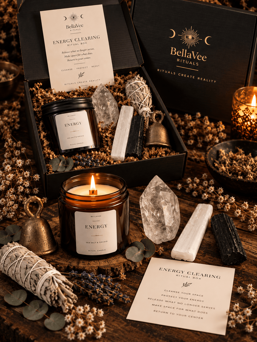 Black Tourmaline, Clear Quartz and Selenite crystals from BellaVee Energy Clearing Ritual Box