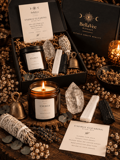 Black Tourmaline, Clear Quartz and Selenite crystals from BellaVee Energy Clearing Ritual Box