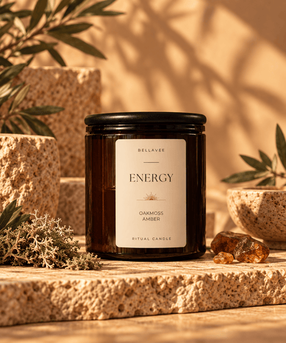 ENERGY Black Tourmaline crystal ritual candle in amber glass with wooden lid – Oakmoss &amp; Amber