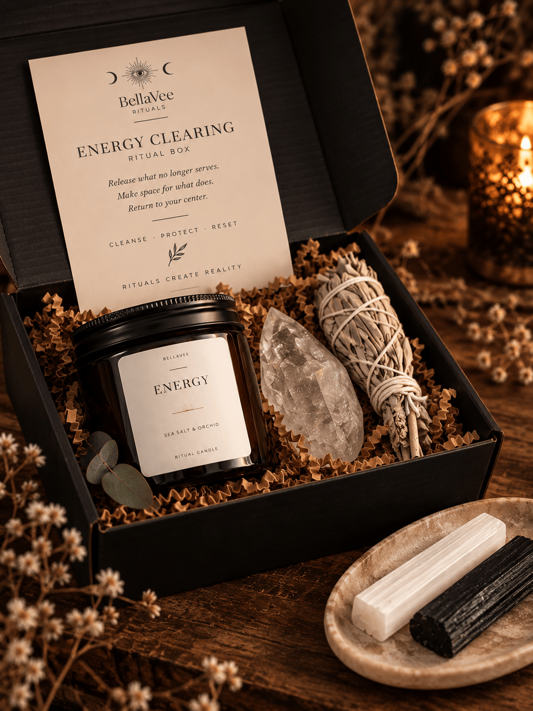 BellaVee Energy Clearing crystal cleansing gift box with ritual tools and crystals