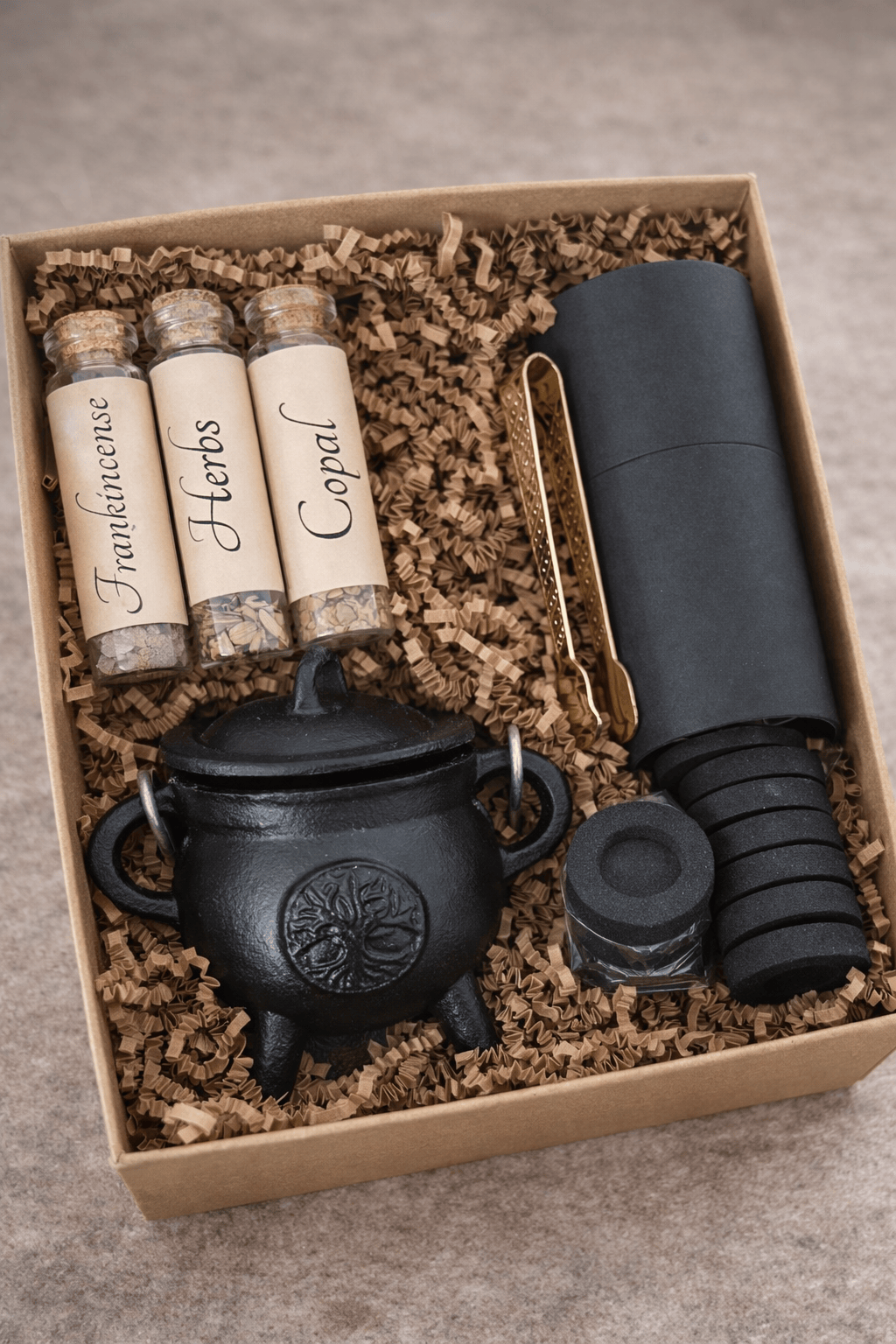Ritual resin incense kit with Tree of Life burner, frankincense, copal, herbs, charcoal discs and incense tongs.