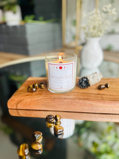 Grounded All-Natural Crystal Candle with Tigers Eye, honey, tobacco, and tonka scent, perfect for grounding and serenity