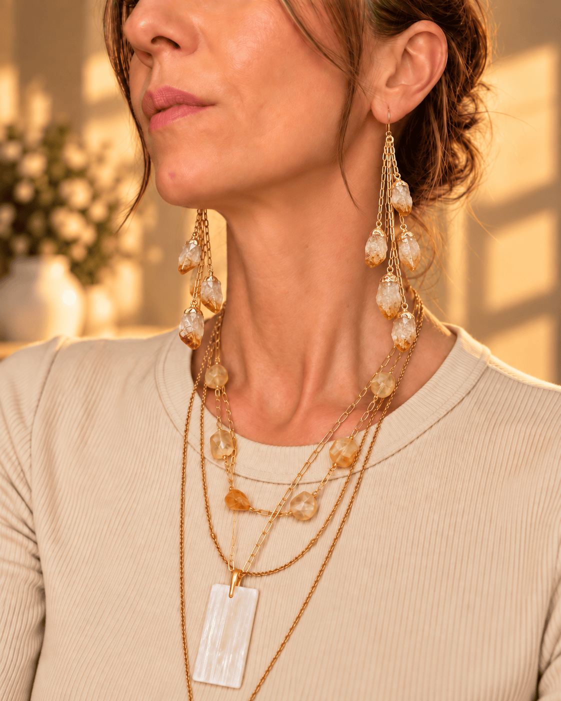 Five-stone Citrine crystal drop earrings with cascading gold chains