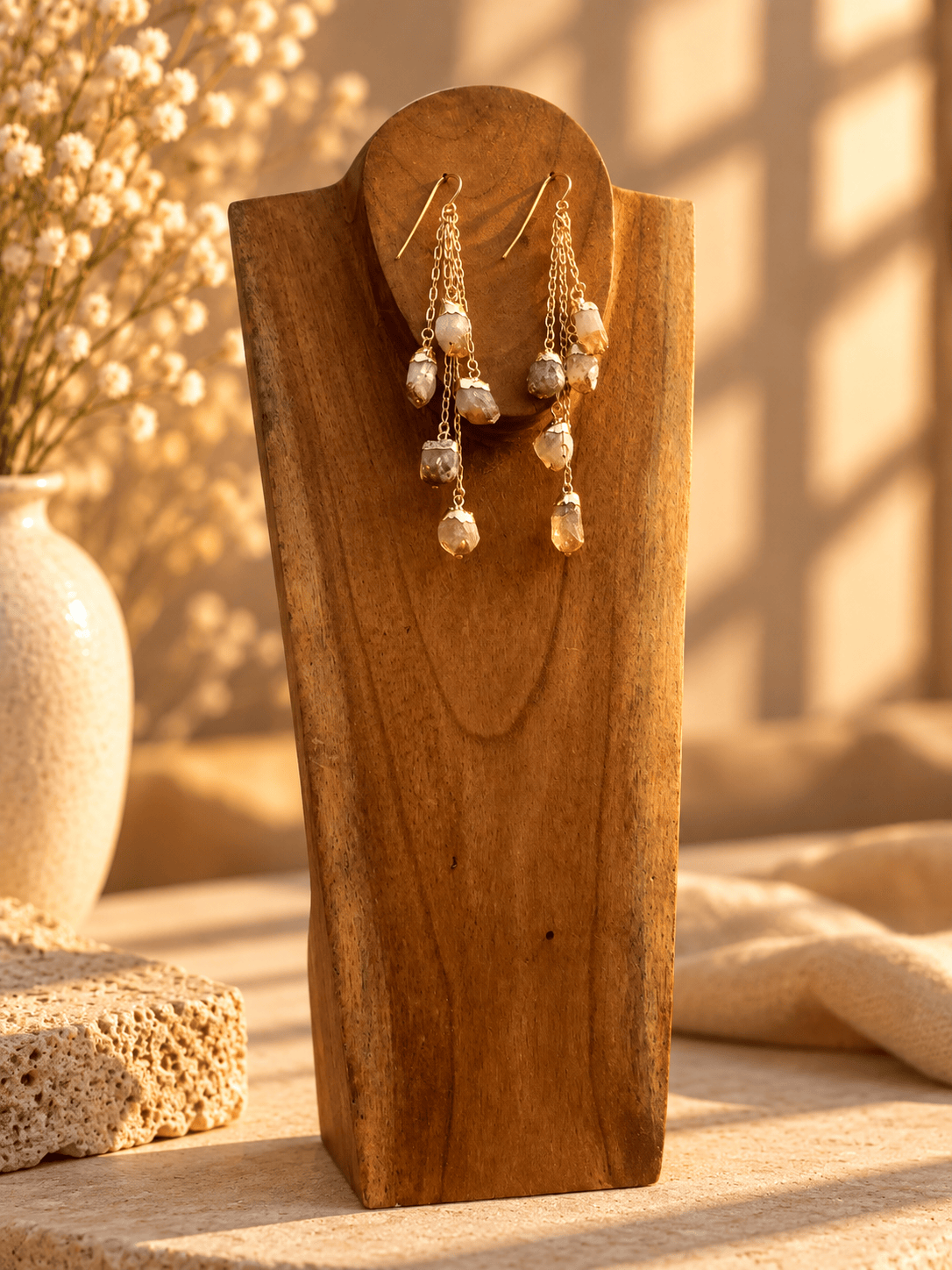 Five-stone Citrine crystal drop earrings with cascading gold chains