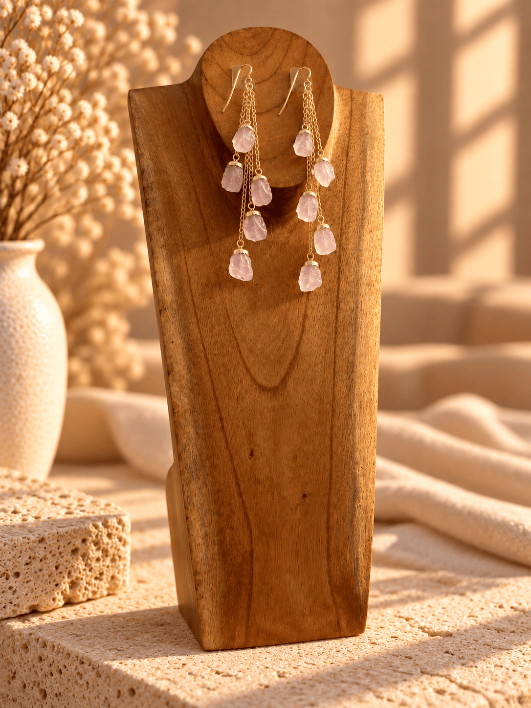 Five-stone Rose Quartz crystal drop earrings with cascading gold chains