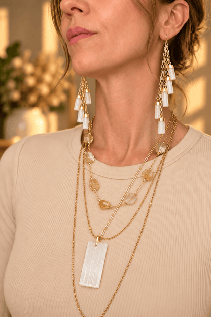 Five-stone Selenite crystal drop earrings with cascading gold chains