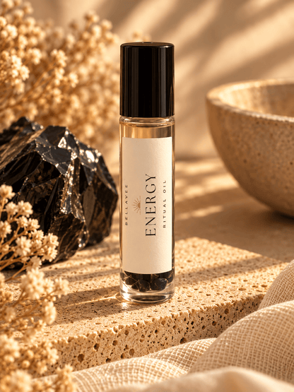 BellaVee ENERGY Ritual Oil roll-on with black obsidian chips, displayed on natural stone with warm lighting and botanical accents.