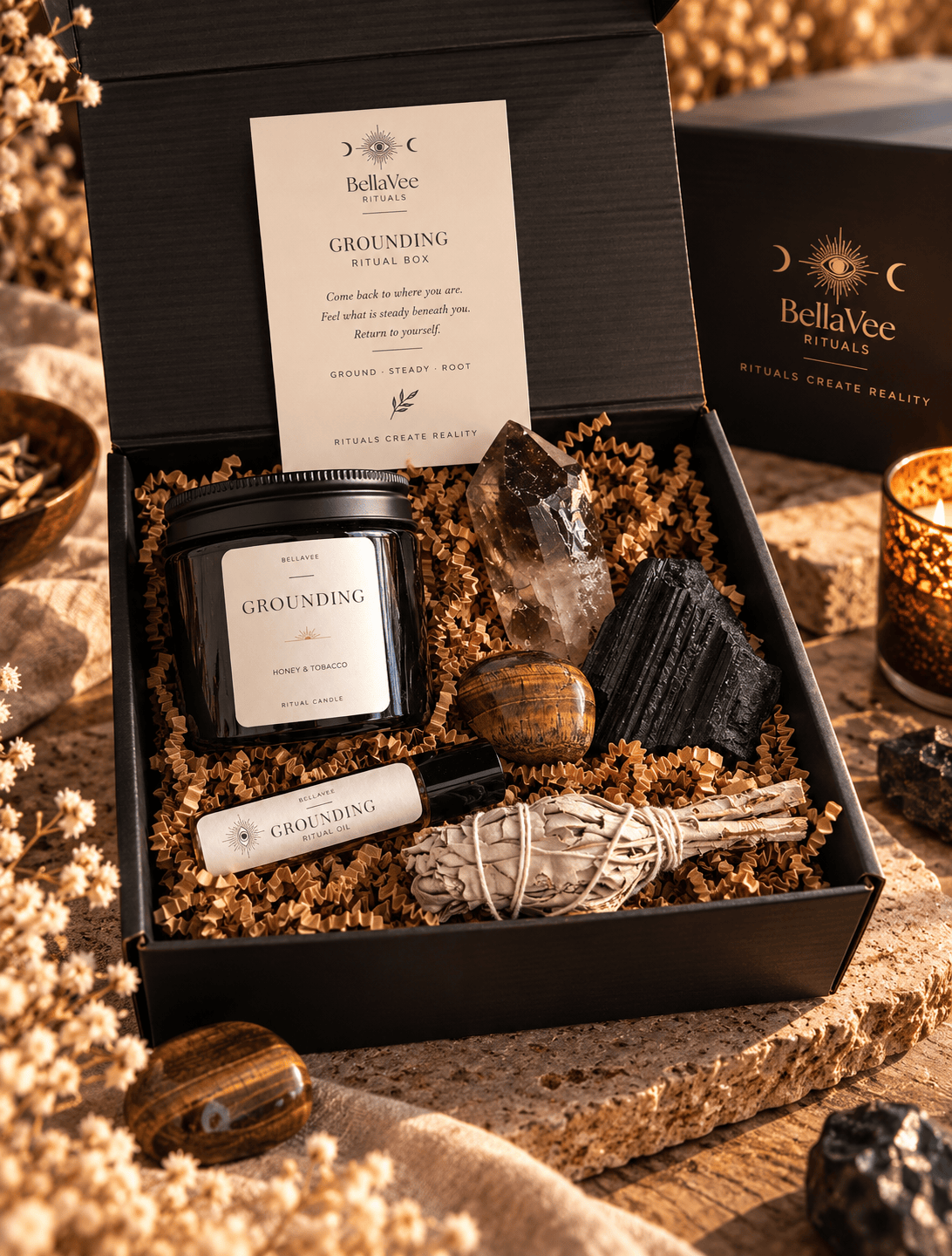 Grounding Ritual Box with crystal candle, Tiger’s Eye, Black Tourmaline, Smoky Quartz, ritual oil and sage