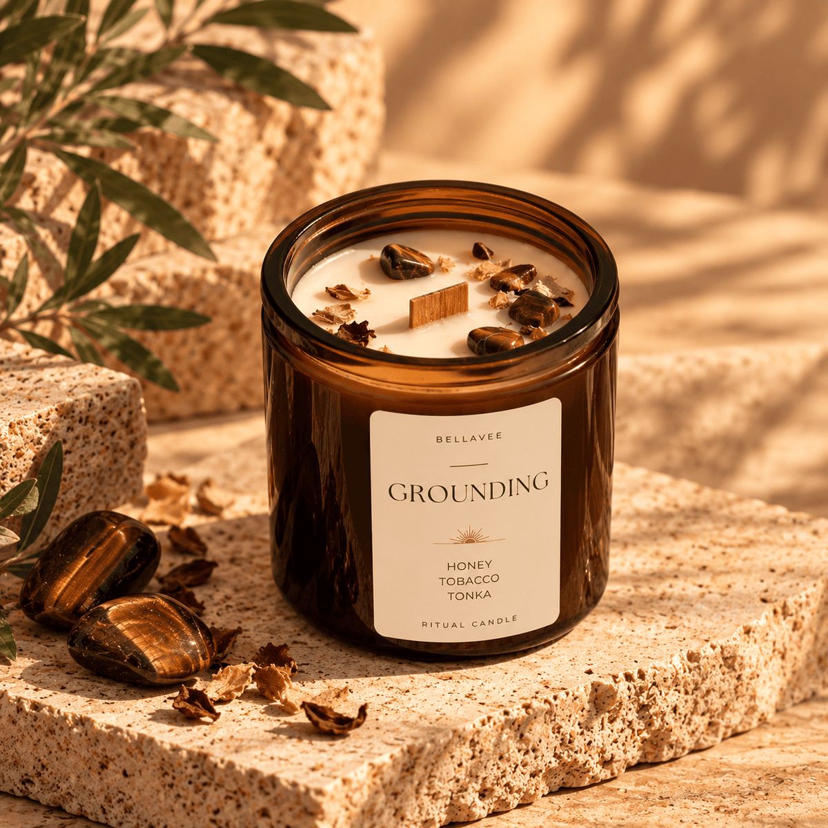 GROUNDING crystal candle with Tiger’s Eye, wooden wick and botanicals – Honey, Tobacco &amp; Tonka