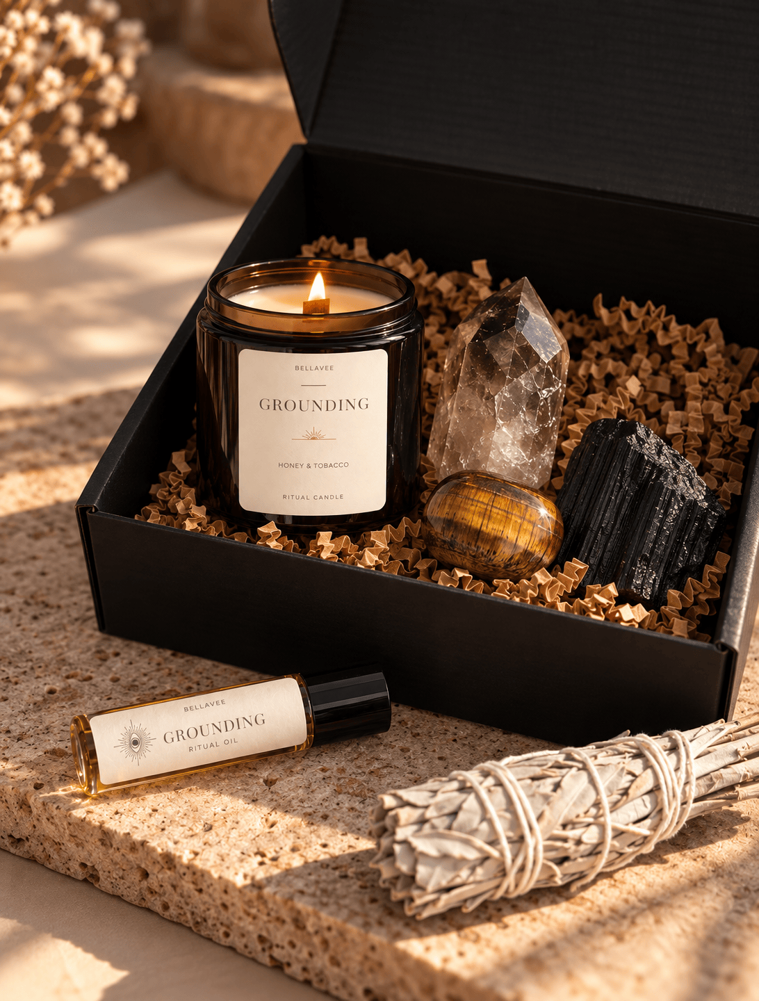 BellaVee Grounding Ritual Box with Honey Tobacco and Tonka candle, grounding crystals and ritual oil