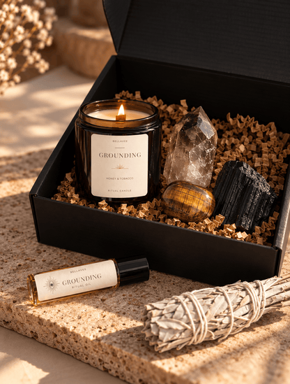 BellaVee Grounding Ritual Box with Honey Tobacco and Tonka candle, grounding crystals and ritual oil