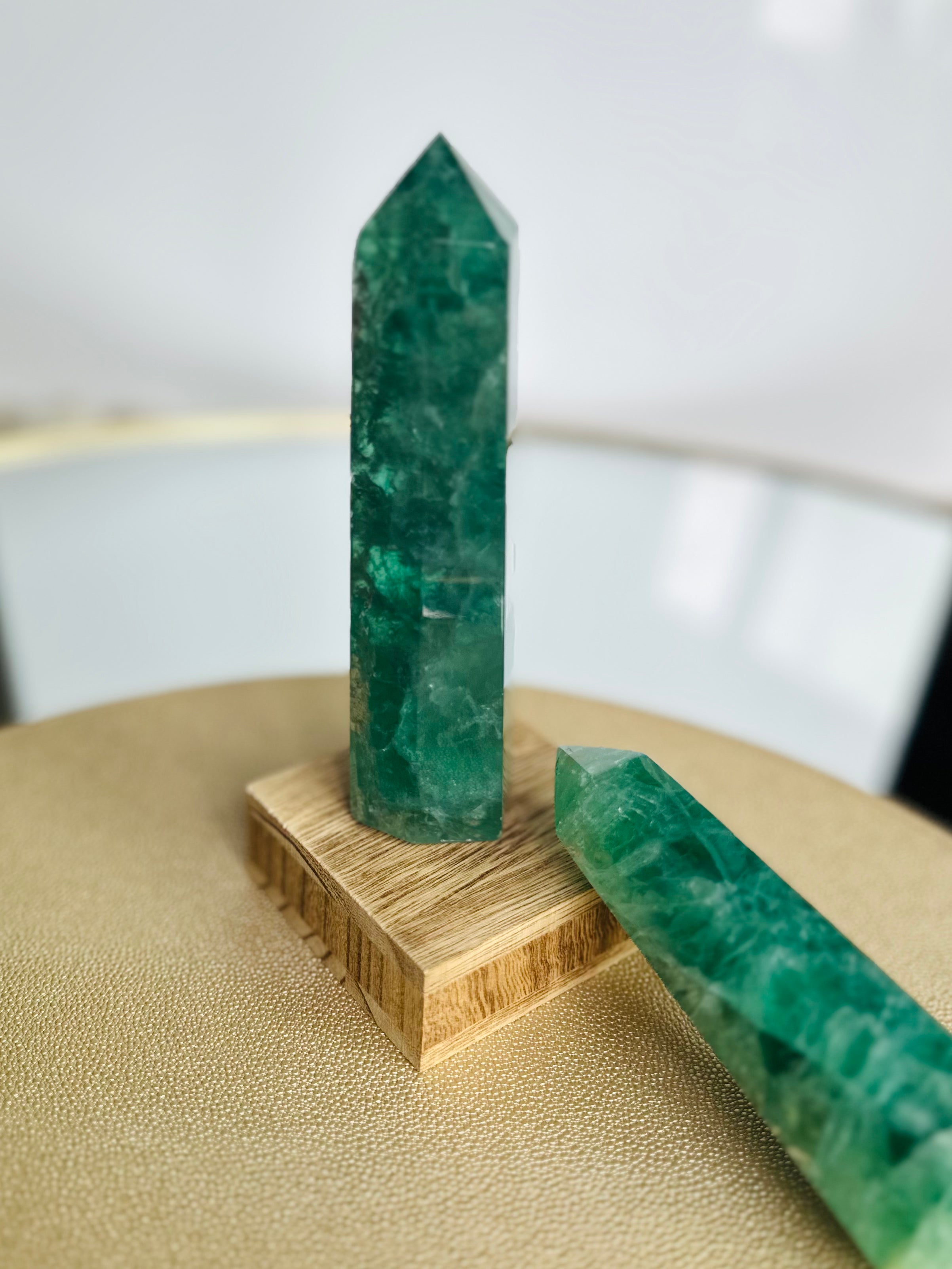 Green Fluorite tower, absorbs negative energy and promotes inner peace, perfect for mental clarity and fostering a productive environment