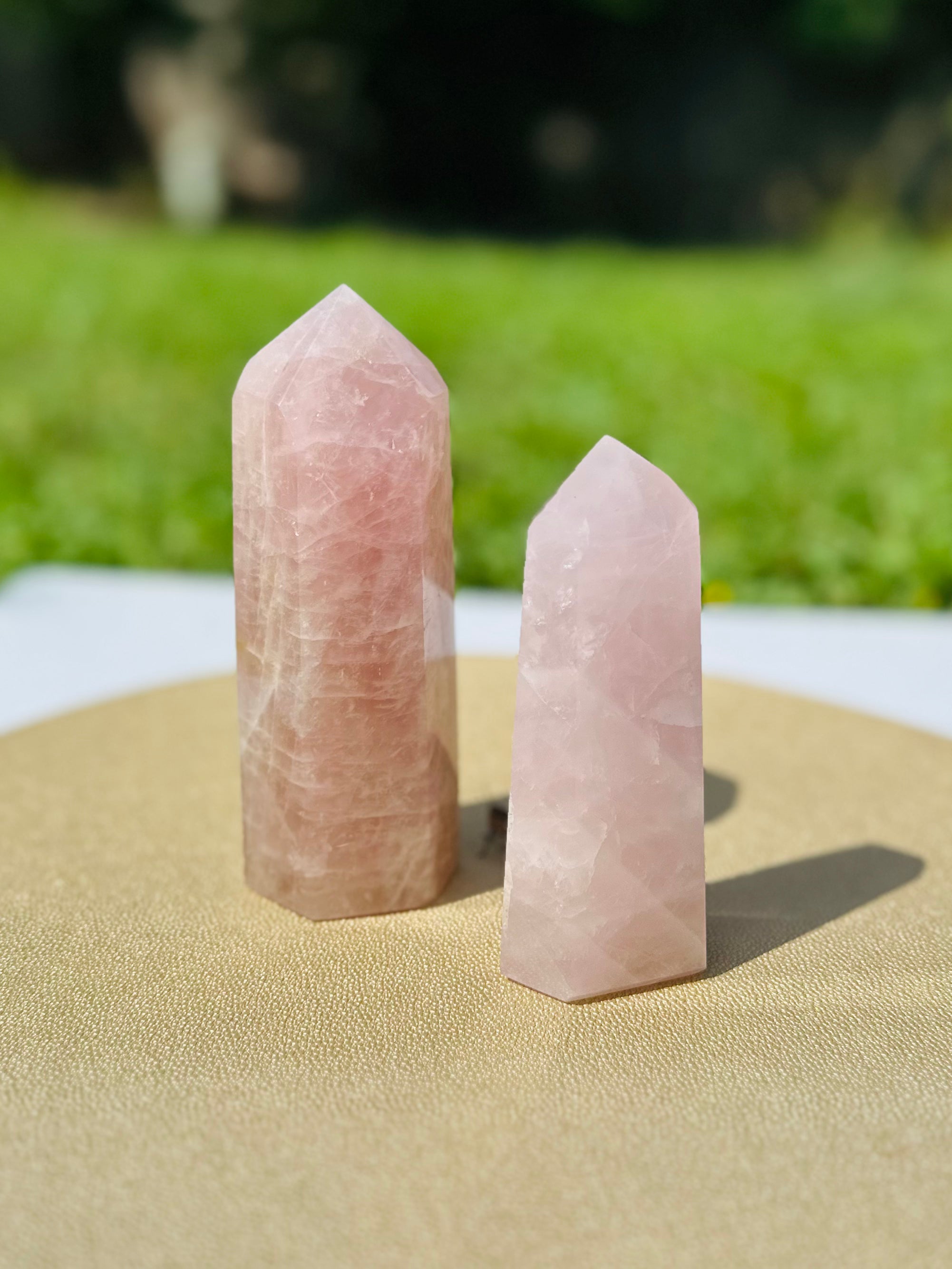 The Rose Quartz Crystal Tower’s soft pink tones glow beautifully, symbolizing love and compassion, perfect for emotional healing