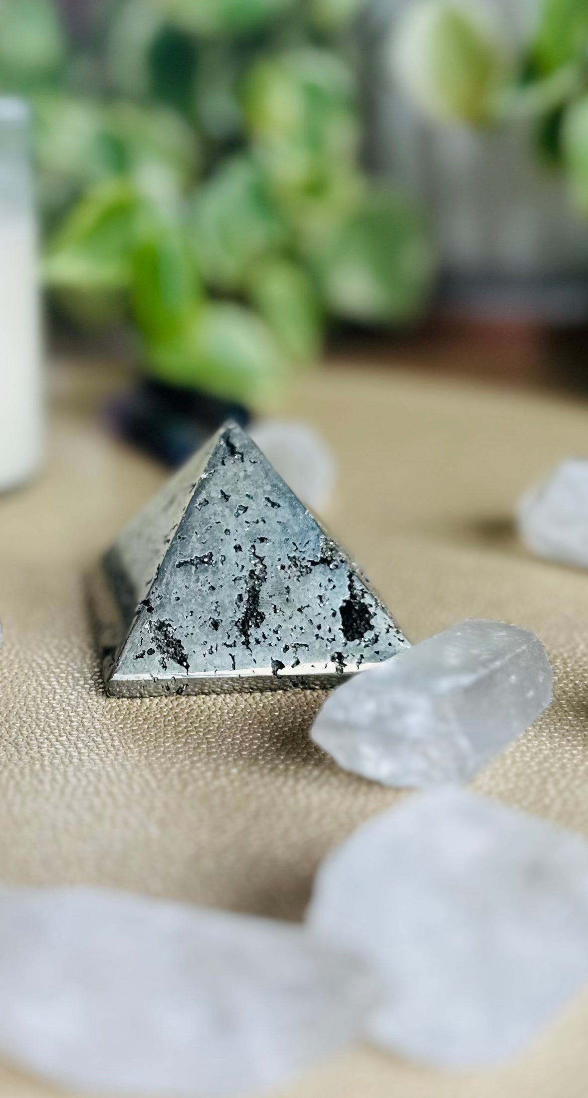 Pyrite Pyramid with crystals, enhances energy flow, promoting prosperity, protection, and clarity in your space