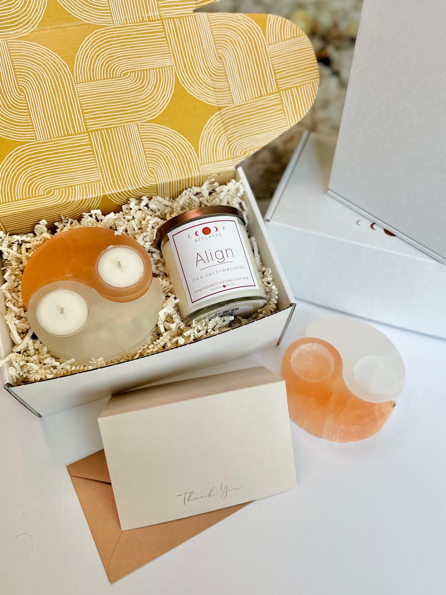 Selenite Yin &amp; Yang Candle Holder with a crystal candle in a gift box, perfect for creating balance, harmony, and a calming ambiance