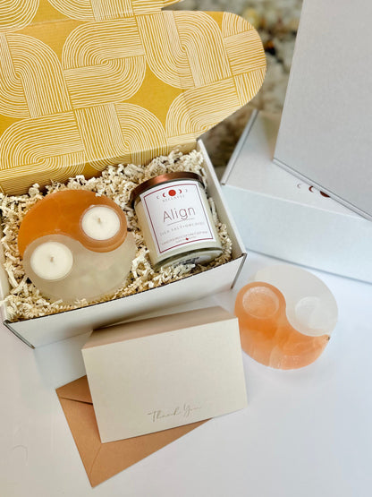 Selenite Yin &amp; Yang Candle Holder with a crystal candle in a gift box, perfect for creating balance, harmony, and a calming ambiance