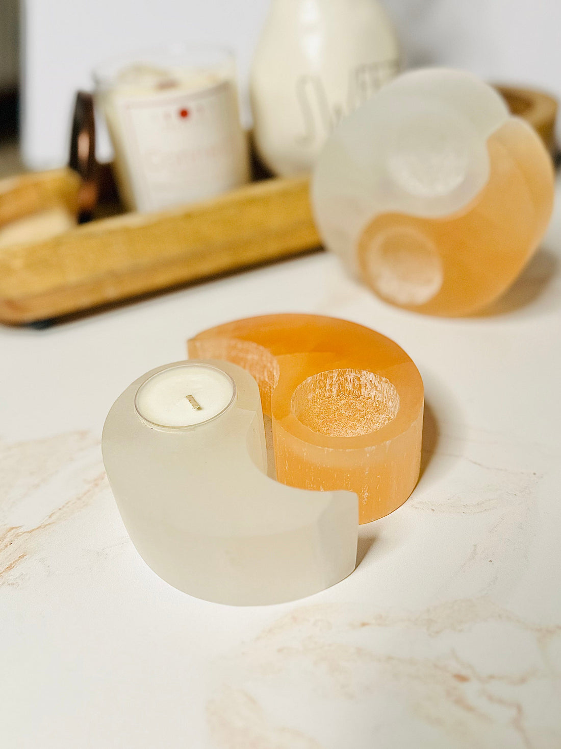 Selenite Yin &amp; Yang Candle Holder combines cleansing selenite properties with a calming glow, perfect for meditation and relaxation