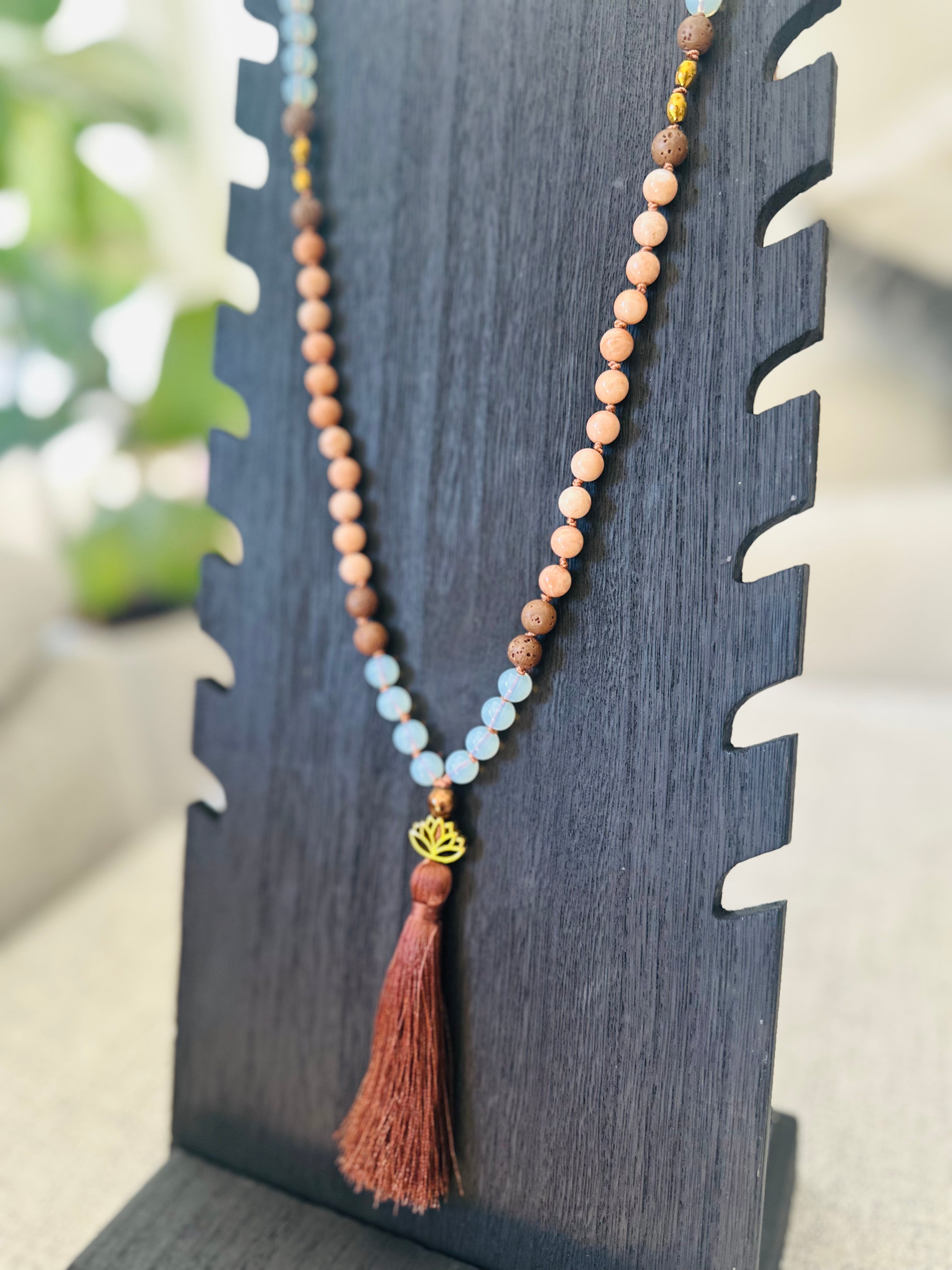 Transformation & Grounding Mala with Opalite, Peach Moonstone, Lava, and Hematite for personal growth and emotional healing