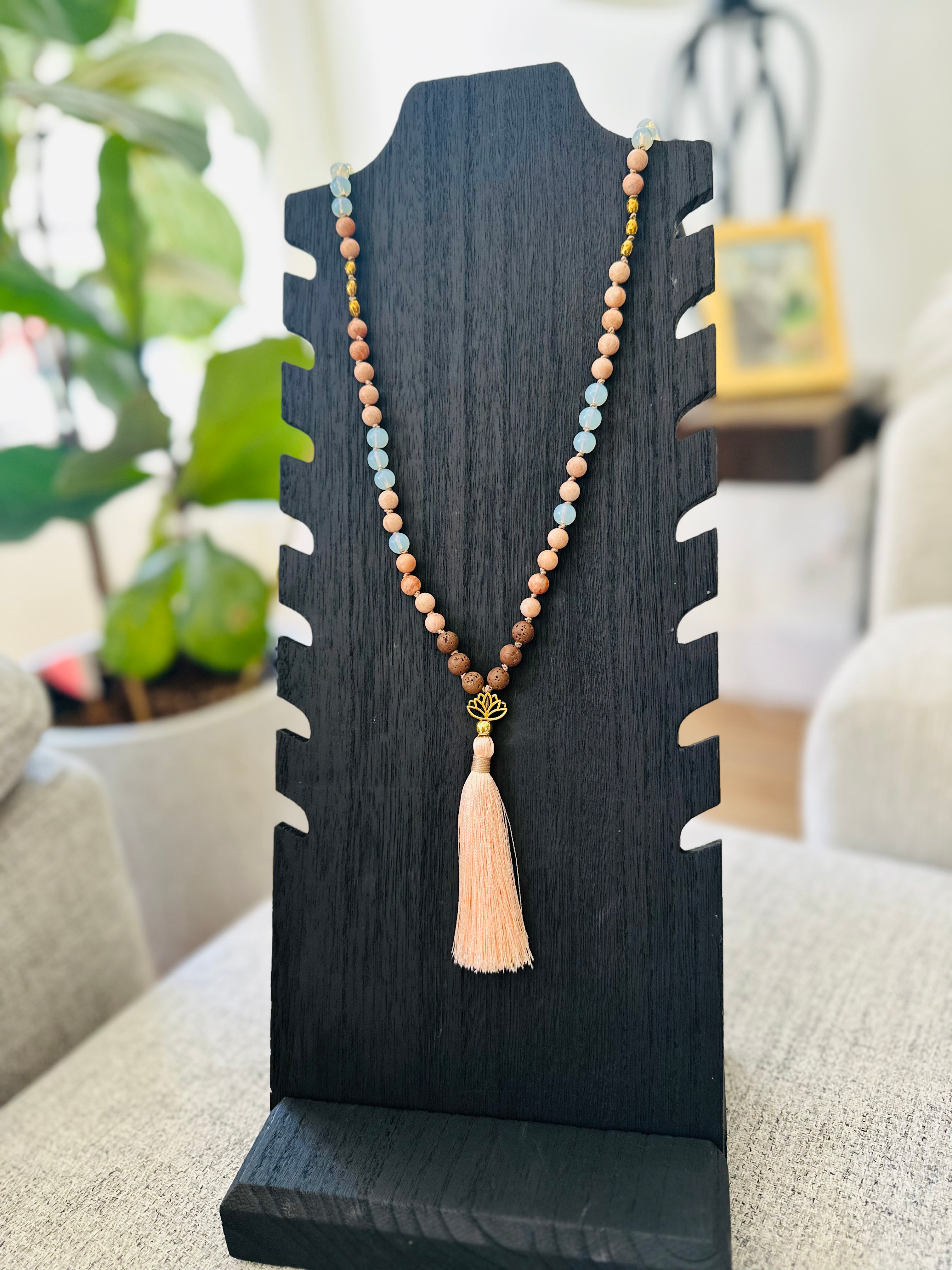 Spirit of Balance Mala with Lava, Opalite, Peach Moonstone, and Hematite, promotes emotional balance and spiritual awakening