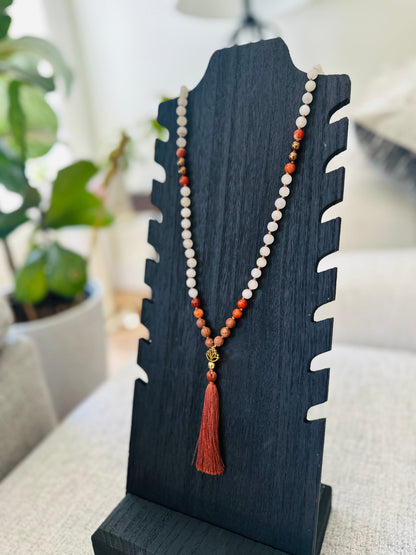Courage &amp; Clarity Mala: A grounding accessory with Red Jasper, White Jade, and Hematite, designed to enhance confidence and calm